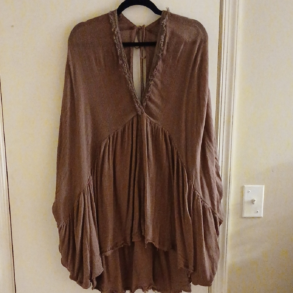 Free People Taupe Boho V-Neck Flowing Tunic